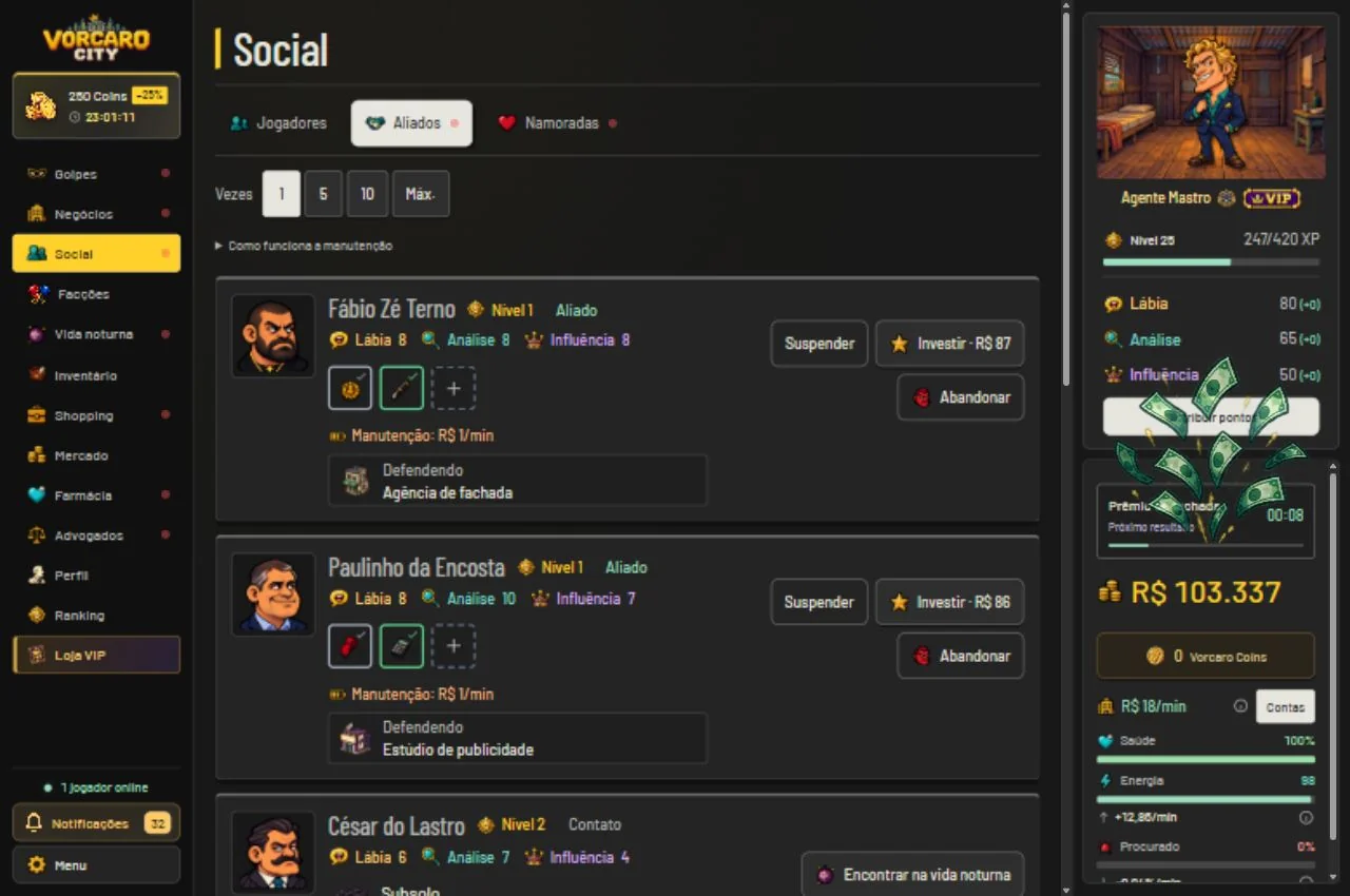 Tela do Social: contatos e aliados com atributos e manutenção