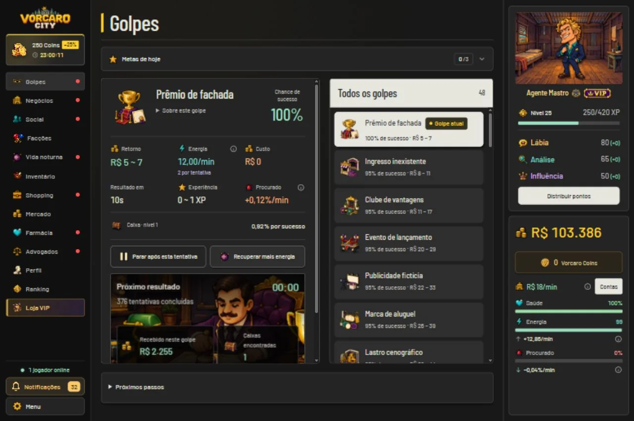 Tela de Golpes: chance, energia, retorno e tentativa em andamento